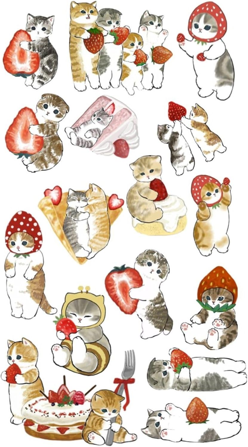 Strawberry Cat Çilek Kedi Tablet Telefon Laptop Ajanda Bullet Journal -Suya Dayanıklı Etiket