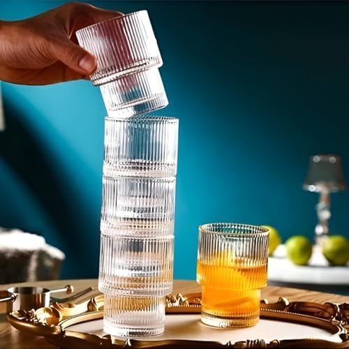 Origami Desenli Cam İçecek Bardağı, 200 ml, 9 cm Yükseklik, Oluklu Tasarım, Şeffaf