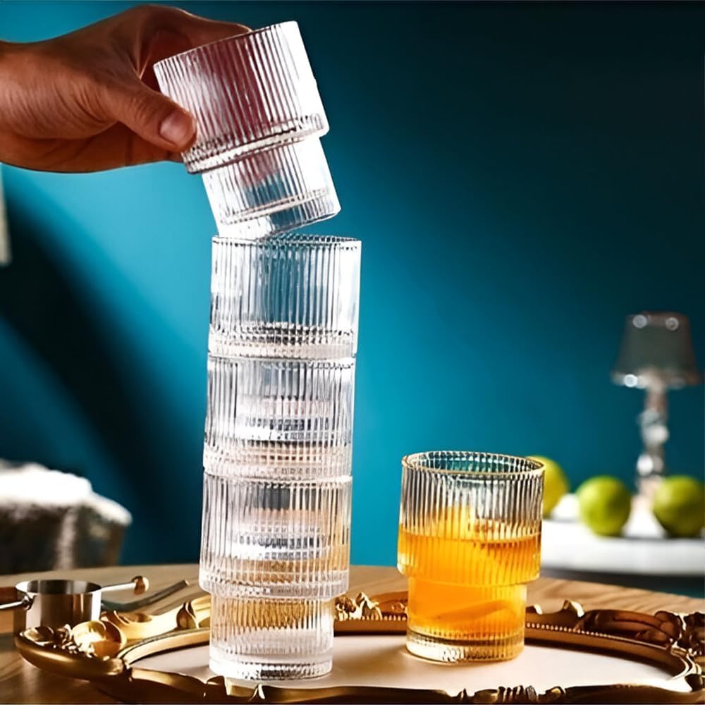 Alternative view of Origami Desenli Cam İçecek Bardağı, 200 ml, 9 cm Yükseklik, Oluklu Tasarım, Şeffaf