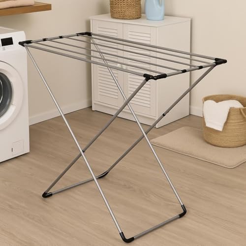 Gri Katlanabilir Çamaşır Kurutmalığı – Kompakt ve Dayanıklı Metal Gövdeli Kurutma Askısı | Banyo, Balkon, Teras ve Bahçe Kullanımı için Uygun
