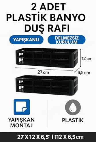 Alternative view of Yapışkanlı Duş Rafı – 2 Adet Paslanmaz Banyo Şampuanlık Organizer | Delmeden Montaj | Geniş Kapasiteli Duş Organizeri | Siyah Plastik Raf – Banyo Mutfak Uyumlu