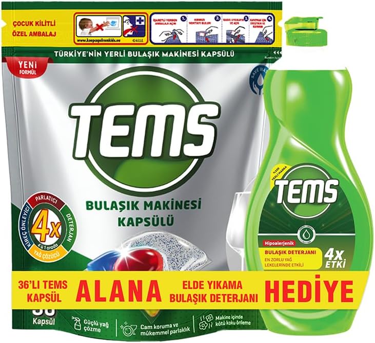 TEMS Bulaşık Makinesi Kapsülü 36'lı+Elde Yıkama Bulaşık Deterjanı 500 ml Hediyeli