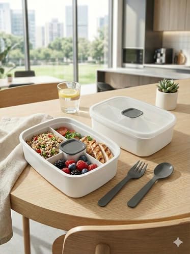 ViosStore Sızdırmaz Lunch Box – 3 Bölmeli Yemek Kabı | Öğle Yemeği Kutusu | Saklama Kabı | BPA İçermez (Beyaz)
