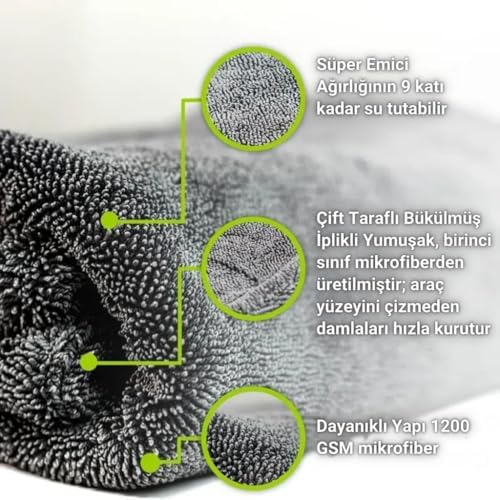 40x60CM 1200GSM Süper Su Emici Özellikli Mikrofiber Araç Kurulama Havlusu, Çizik ve İz Bırakmaz Bez
