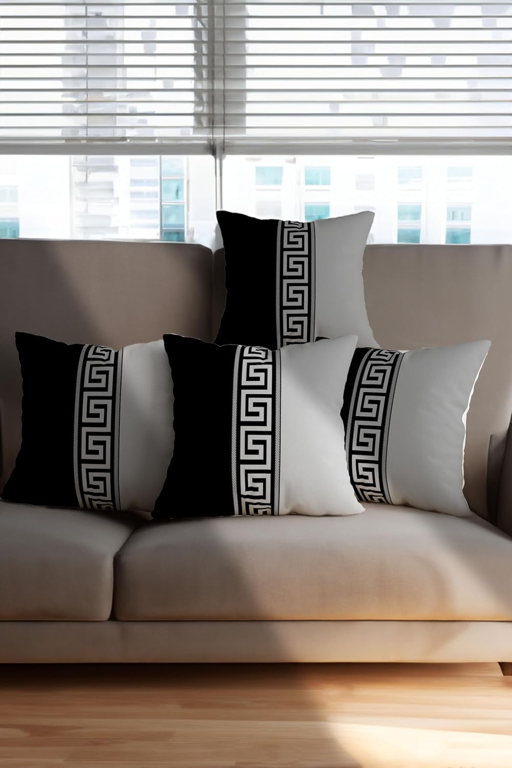 Dekoratif Yastık Kılıfı Seti, 4'lü, Siyah-Gri Labirent Desenli, Premium İtalyan Kadife