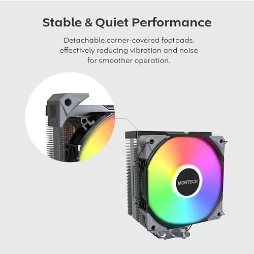 MONTECH NX400 ARGB - CPU Soğutucu, Tek Kule, 4 Gelişmiş Isı Borusu, 52 Kanatlı Isı Emici, E28, 120 mm FDB Statik Basınçlı Fan, 28 mm Fan Kalınlığı, Köşe Kapağı Ayak Pedleri, ARGB - Siyah