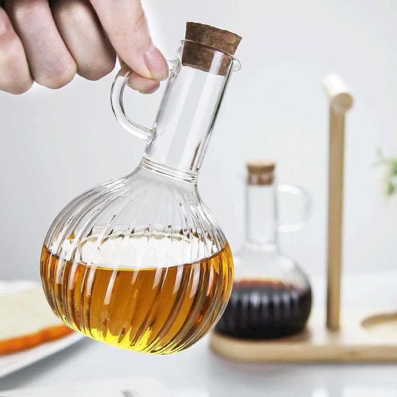 2'li Bambu Stand ile Cam Yağdanlık ve Sirkelik Seti, Yemek Masası ve Sofralarınız İçin Bambu Standlı Şık Masa Üstü Yağ ve Sirke Şişeleri