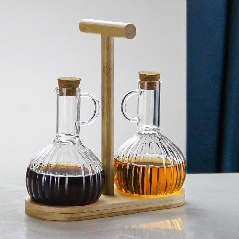 Alternative view of 2'li Bambu Stand ile Cam Yağdanlık ve Sirkelik Seti, Yemek Masası ve Sofralarınız İçin Bambu Standlı Şık Masa Üstü Yağ ve Sirke Şişeleri