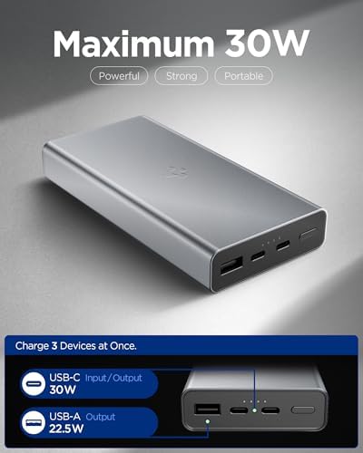 20000 mAh Alüminyum Kasa 30W USB-C + USB-A Giriş/Çıkış Hızlı Şarj 3 Portlu Powerbank / 1 Metre Type-C Harici Kablolu Taşınabilir Şarj Cihazı + Taşıma Çantası EA3020 Gray - ABA09434