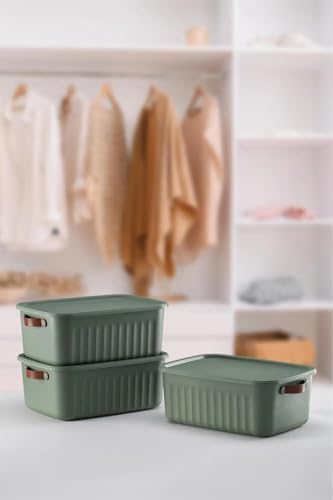 3 Adet Modern Kapaklı Saklama Kutusu Seti -15 Litre – Yeşil- Taşınabilir Kulplu, Dolap İçi Düzenleyici, Çok Amaçlı Organizer Kutu, Oyuncak & Kıyafet Kutusu