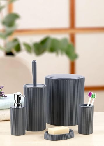 Alternative view of 5 Parça Lüx Plastik Banyo Seti 7 Litre Dokunmatik Çöp Kovalı, Antibakteriyel Fırça (GRİ)