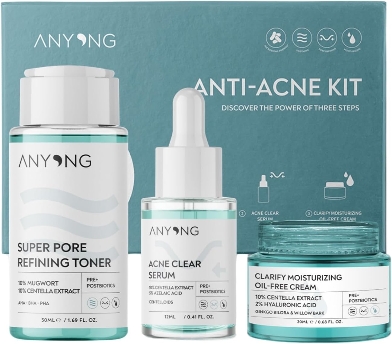 Anyong Akne Karşıtı Ve Gözenek Sıkılaştırıcı Karma-yağlı Cilt Bakım Kiti (TONİK, SERUM, KREM)/ Azelaik Asit (50 ML + 12 ML + 20 ML)