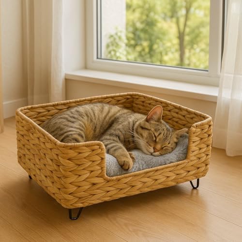 Alternative view of El Yapımı Hasır Örgü Kedi ve Köpek Yuvası, 2 Katlı, Yumuşak Minderli, El Yapımı Dekoratif 2 Katlı Hasır Yumuşak Minderli Kedi Köpek Yatagı, Tamamen Doğal Kedi Evi (48cm*48cm*45cm)