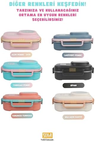 Bento 1100ml Lunchbox Tek Katlı 3 Bölmeli Kaseli Çelik Sefer Tası Yemek Kutusu (Açık Pembe-Sarı)