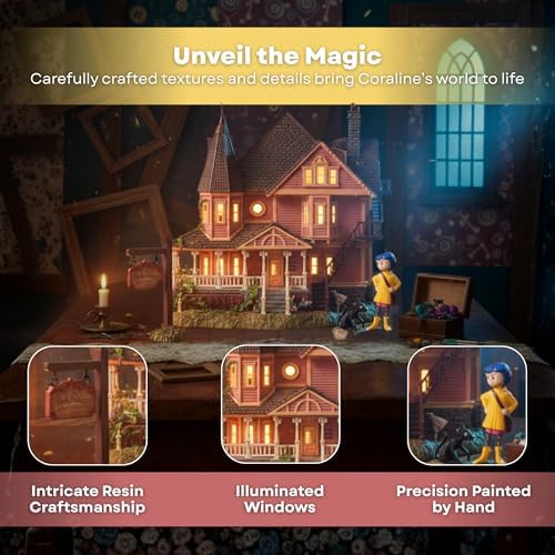 Department 56 Fright Avenue Village Coraline The Pink Palace Apartments Aydınlatmalı Bina ve Heykelcik Seti, 20 cm, Çok Renkli
