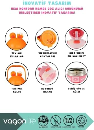 430ml Sevimli Kulaklı Eğitici Matematik Çevirmeli Oyunlu Pipetli Askılı Kulplu Çocuk Çelik Termos (Mavi)