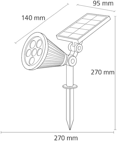 7W Solar LED Bahçe Armatürü Işık – Güneş Enerjili Kazıklı & Duvar Montajlı Çim Aydınlatma Lambası – 7 LED, IP65, 90 Lümen, 140x270x95 mm