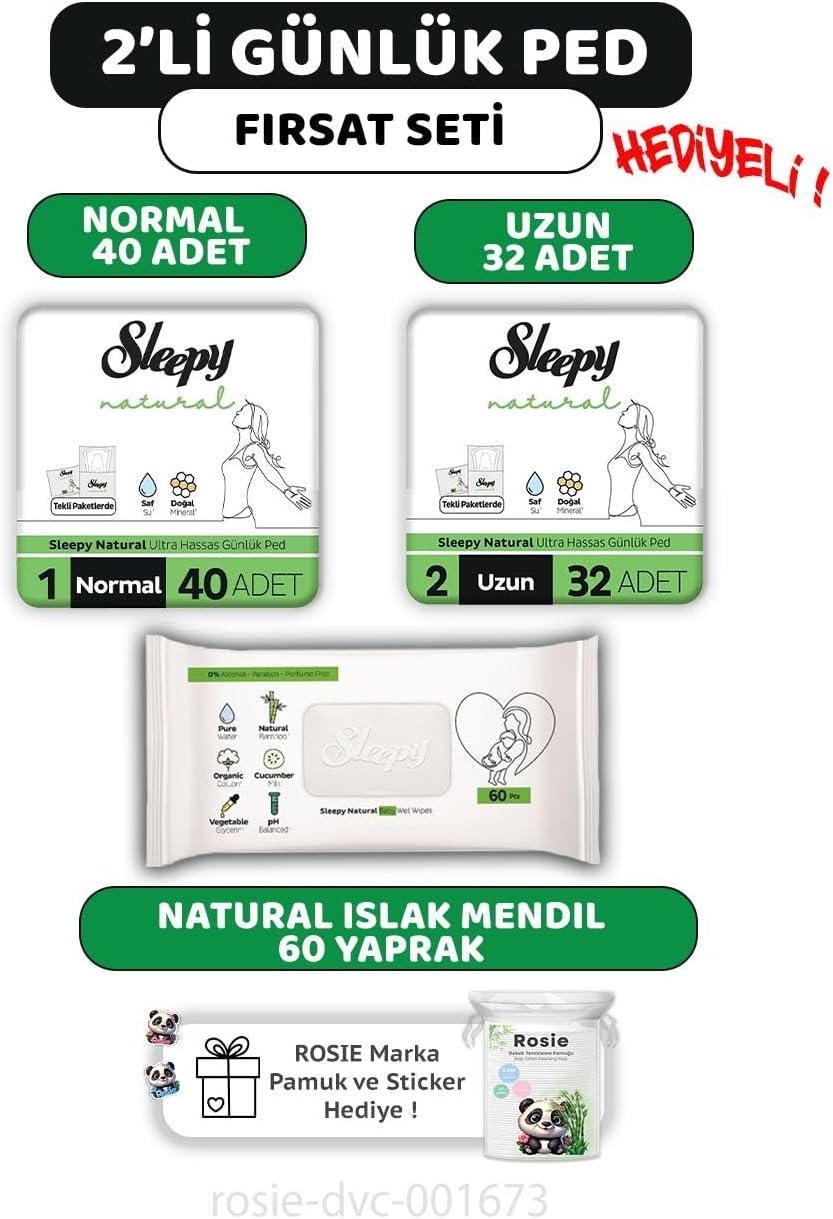 2'li Natural Ultra Hassas Günlük Ped Seti, Islak Mendil ve ROSIE