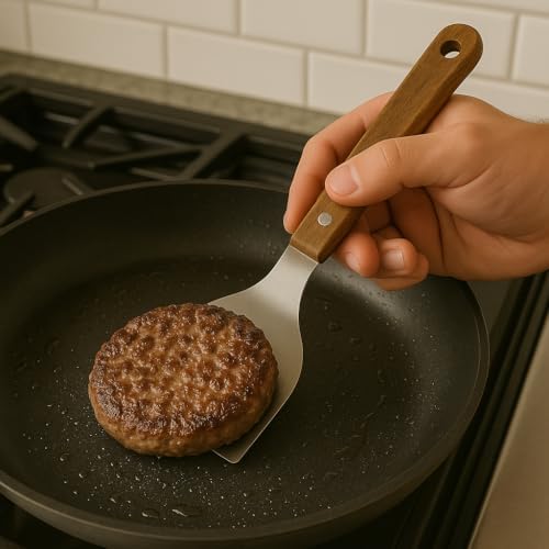 Ahşap Saplı Paslanmaz Çelik Spatula – 24cm Eğilimli Çok Amaçlı Mutfak Spatulası | Izgara, Burger, Sebze, Temizlik için Profesyonel Metal Spatula