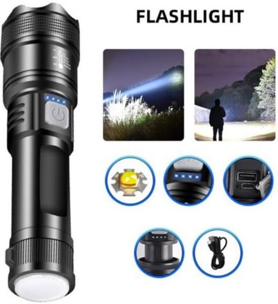 Panther Şarjlı Zoomlu LED Işık 800 Lümen, P50 LED, Arka SMD Gün Işığı, Powerbank Özellikli, Type-C Girişli, Taşıma Askılı Aydınlatma, Kamp, Acil Durum, Araç ve Dış Mekan Kullanımı için