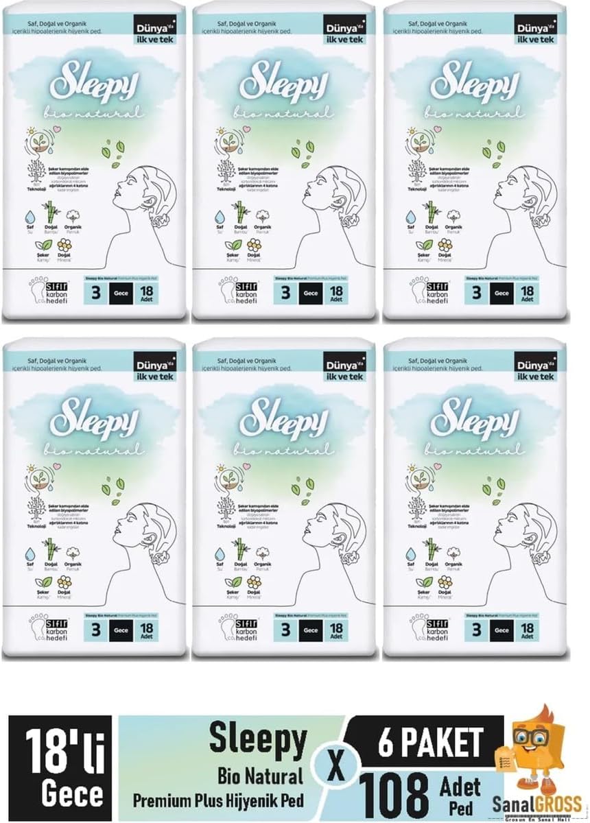 Bio Natural Premium Plus Hijyenik Ped 18'li Gece x 6 Paket