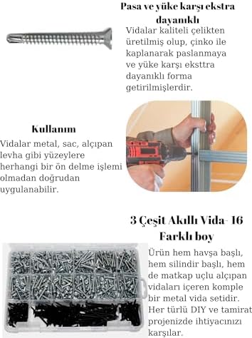 555 Adet 16 Çeşit Matkap Uçlu Vida Seti, YHB Akıllı Vida,YSB Akıllı Vida ve Alçıpan Vidası