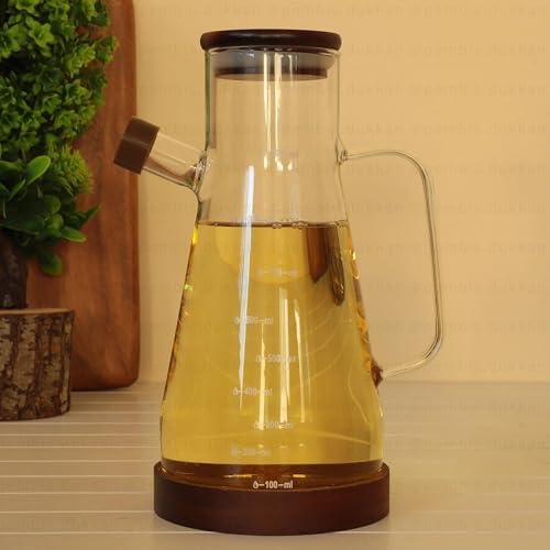 Borosilikat Cam Yağdanlık, Sürahi Sosluk Ahşap Kapaklı ve Altlıklı, 900 ml, 23x4 cm