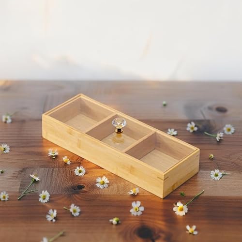 Bambu 3 Bölmeli Kristal Kapaklı Sunumluk, Kuru Meyve, Kuru Yemiş ve Drajeleriniz İçin 3 Bölmeli Dikdörtgen Sunum Tepsisi ve Tabağı 30cm*10cm*6,5cm