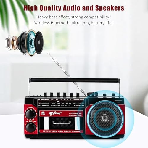 Kaset Çalar, Taşınabilir Kaset Teyp Çalar, FM/AM/SW Frekans Bandı Destekli Kaset Kaydedici, Kaset/Bluetooth/Kart Girişi/Kayıt Özellikli, Pilli/Elektrikli Kullanılabilir, PX-250BT (Kırmızı)
