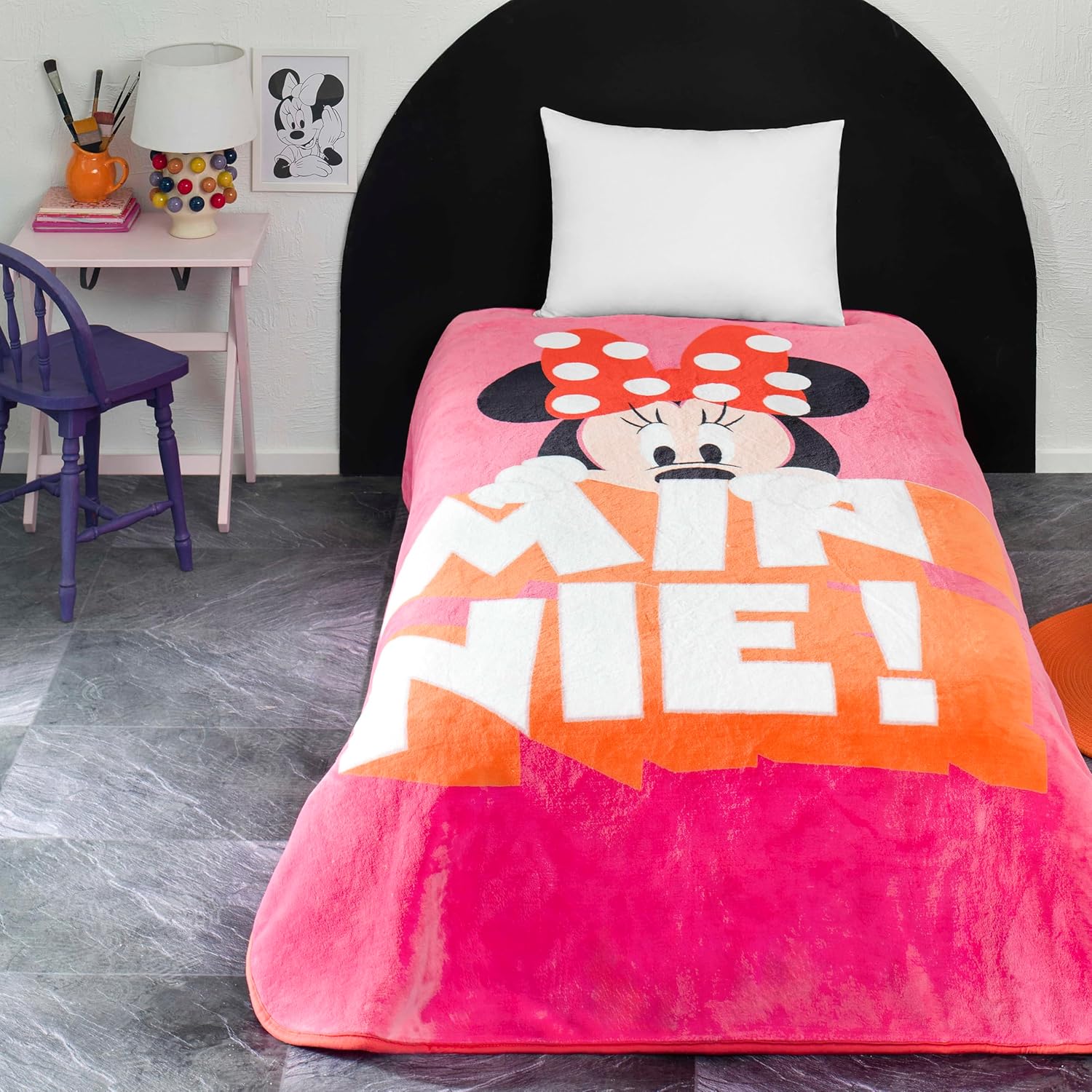TAÇ Minnie Mouse Çizgi Film Karakteri Pamuk-Polyester Karışım Battaniye, Pembe, Beyaz, Siyah, Tek Kişilik