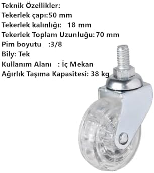 Alternative view of Makaralı Vidalı, 360 Derece Döner Teker, Metal Maşalı, Şeffaf Teker, Teker Çapı 50X20, Vida Çapı 8 metrik, 4 Adet