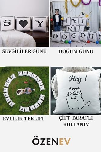 Harfli Kırlent Kılıfı Kadife 43X43 Cm Çift Taraflı R Harfi Kedi Desenli Evlilik Teklifi Doğum Günü