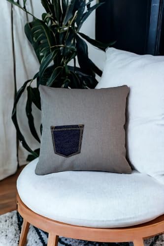 Alternative view of Kot Kumaştan Cep Detaylı 43X43 Dekoratif Kırlent Kılıfı Gri Denim Modern