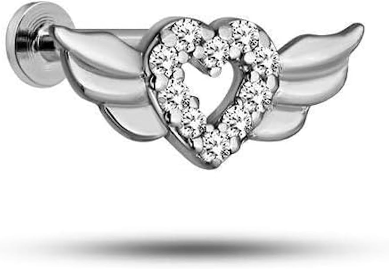 NEREZE 925 Ayar Gümüş Rodyumlu Minimal Kanatlı Kalp Tragus Piercing Küpe