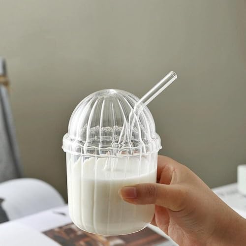 500ml Cam Kapaklı Pipetli Bardak, Kalın Çizgi Desenli Soğuk İçecekler için Kahve Meyve Suları, Çayları için Brokosilikat BPA İçermeyen Sağlıklı Ergonomik Şık Tasarım
