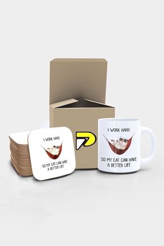 Work Hard For Cat Kedi Komik Tasarımlı Baskılı Kupa Bardak Seti, Eğlenceli Özel Hediye Mug