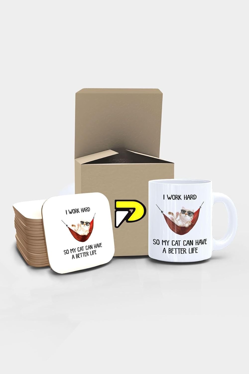 Alternative view of Work Hard For Cat Kedi Komik Tasarımlı Baskılı Kupa Bardak Seti, Eğlenceli Özel Hediye Mug