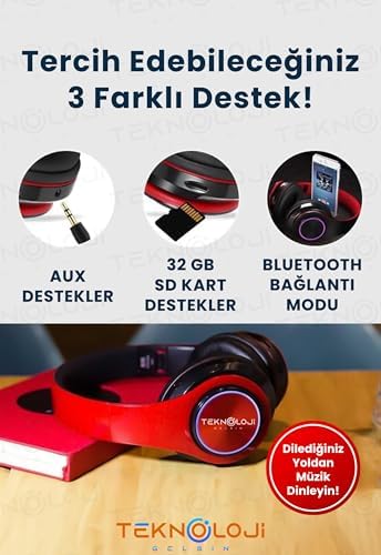 Kablosuz Kulaklık Bluetooth Mikrofonlu Kulaküstü Kulaklık Led Işıklı Katlanabilir Kırmızı