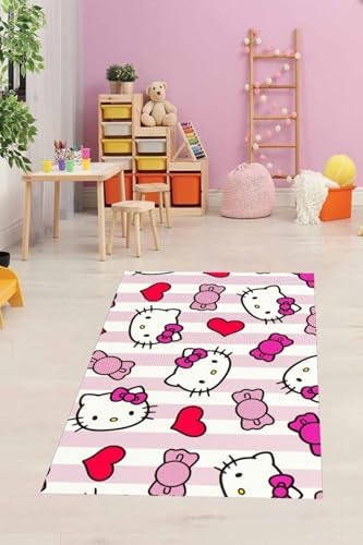 Pelangi Sevimli Kedili Kalpli Halı Dijital Baskı Yıkanabilir Kaymaz Taban Çocuk Odası Halıs, Pembe-Beyaz 130 x 180
