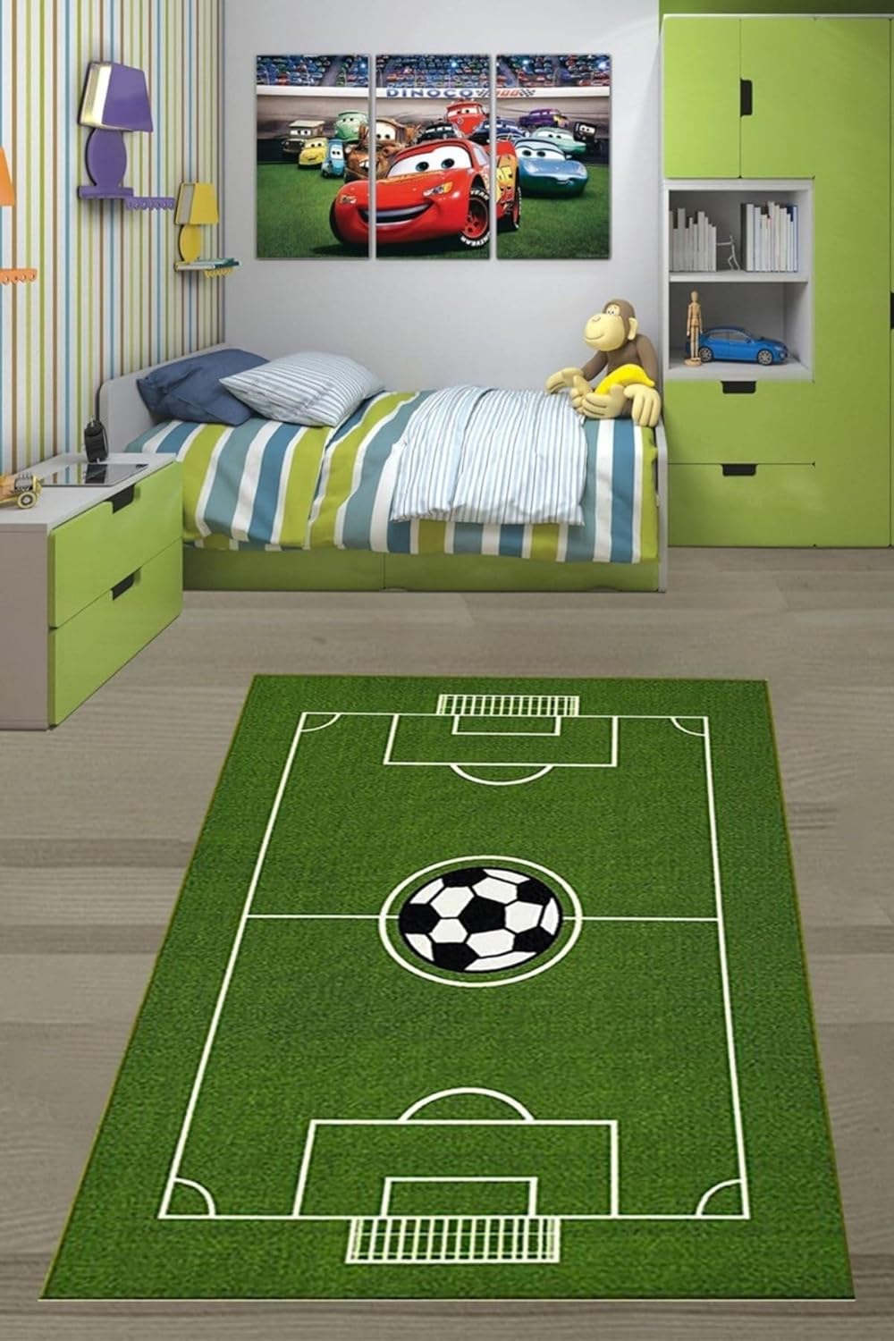 Pelangi Futbol Sahası Futbol Topu Desen Dijital Baskı Yıkanabilir Kaymaz Taban Çocuk Odası Halısı, Yeşil 60 x 120