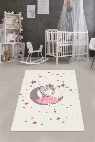 Pelangi Prenses Ay Yıldız Desenli Dijital Baskılı Kaymaz Taban Leke Yıkanabilir Kız Çocuk Odası Halısı, Bej-Pembe 120 x 180