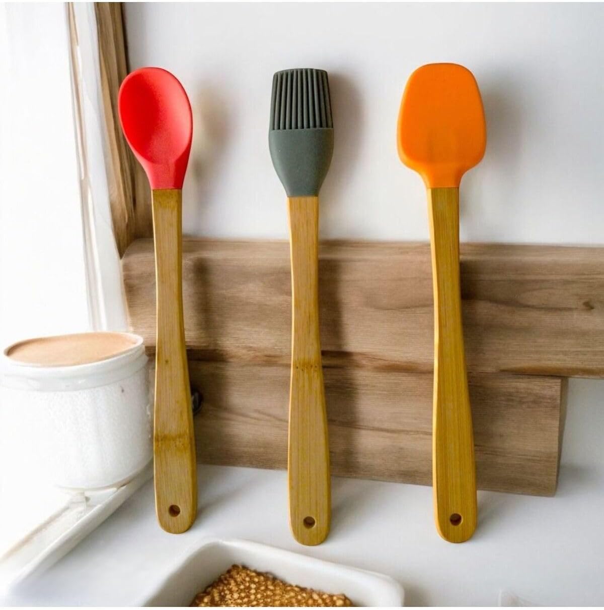 3 Adet 21 Cm Pastel Renk Bambu Saplı Mini Silikon Pişirme Seti, (Kaşık,Fırça,Spatula),Pastel
