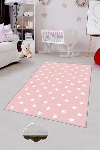 Pelangi Pembe Yıldızlı Çocuk Odası Yıkanabilir Kaymaz Taban Leke Tutmazbebek Ve Çocuk Odası Halısı, Pembe-Beyaz 120 x 180