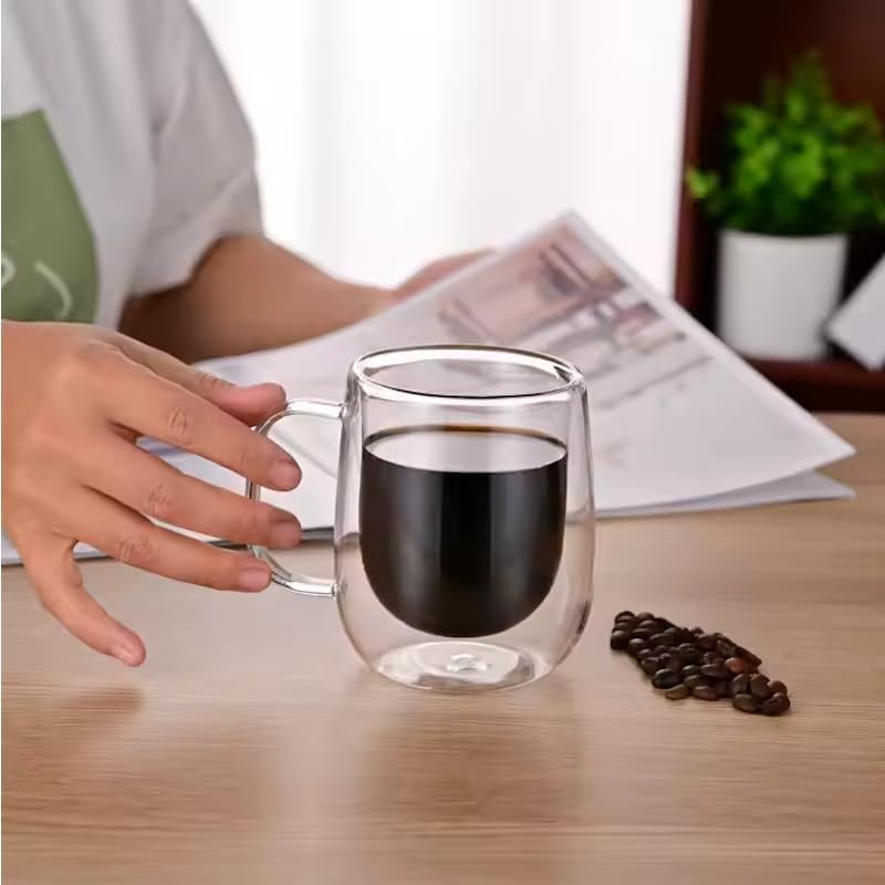 2 Adet Çift Cidarlı Cam Kupa Bardak 250 ml Çift Camlı Bardak Kupa Double Walled Glass