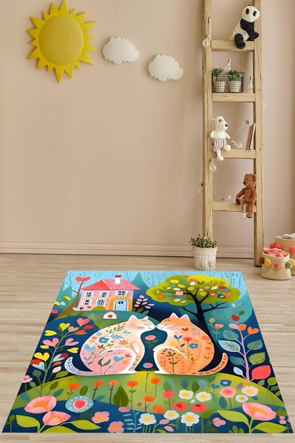 Alternative view of Pelangi Çiçek Kediler Yıkanabilir Kaymaz Taban Leke Tutmaz Çocuk Odası Halısı, Yeşil Mavi 160 x 250