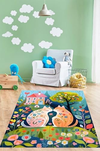Pelangi Çiçek Kediler Yıkanabilir Kaymaz Taban Leke Tutmaz Çocuk Odası Halısı, Yeşil Mavi 100 x 400