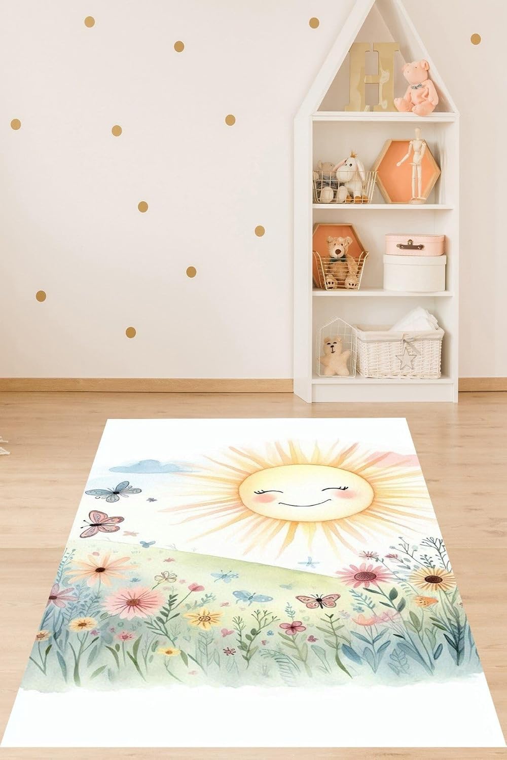 Pelangi Güneş Doğa İçinde Uçuşan Kelebekli Çiçekli Yıkanabilir Kaymaz Taban Leke Tutmaz Çocuk Odası Halısık, Sarı-Yeşil 40 x 40