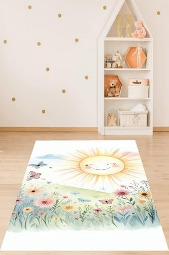 Alternative view of Pelangi Güneş Doğa İçinde Uçuşan Kelebekli Çiçekli Yıkanabilir Kaymaz Taban Leke Tutmaz Çocuk Odası Halısık, Sarı-Yeşil 40 x 40