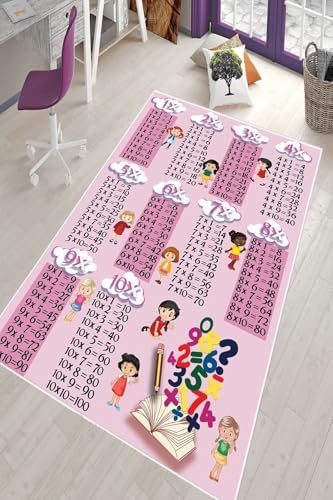 Pelangi Pembe Çarpım Tablolu Eğitici Yıkanabilir Kaymaz Taban Leke Tutmazbebek Ve Çocuk Odası Halısı, Koyu Pembe 180 x 250
