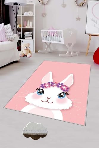 Pelangi Pembe Tavşan Desenli Yıkanabilir Kaymaz Taban Leke Tutmazbebek Ve Çocuk Odası Halısı, Pembe-Beyaz 100 x 300, 901357080100300